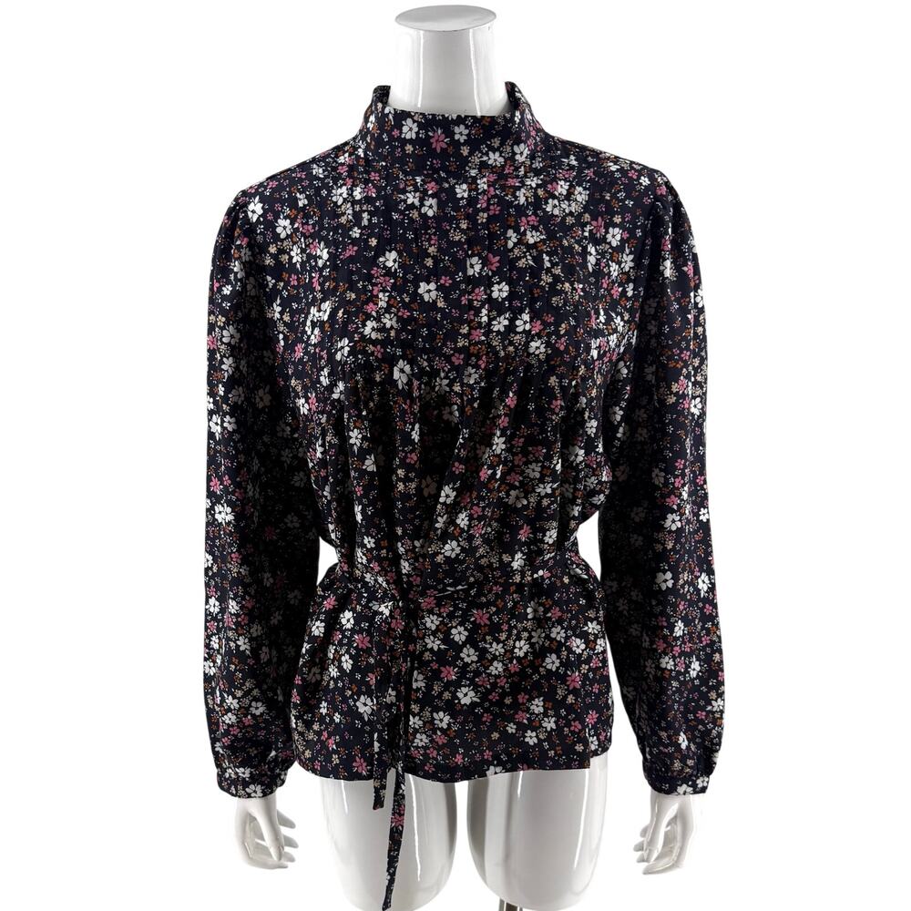 Ann Taylor Womens Top Sz Large Navy Blue Pink Floral High Neck Tie Waist Blouse